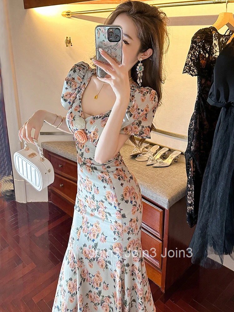 Summer Evening Dress Elegant Women Chic Flower Sexy Square Collar Slim Midi Party Prom Robe Femme Mujer Vestidos Street Clothes
