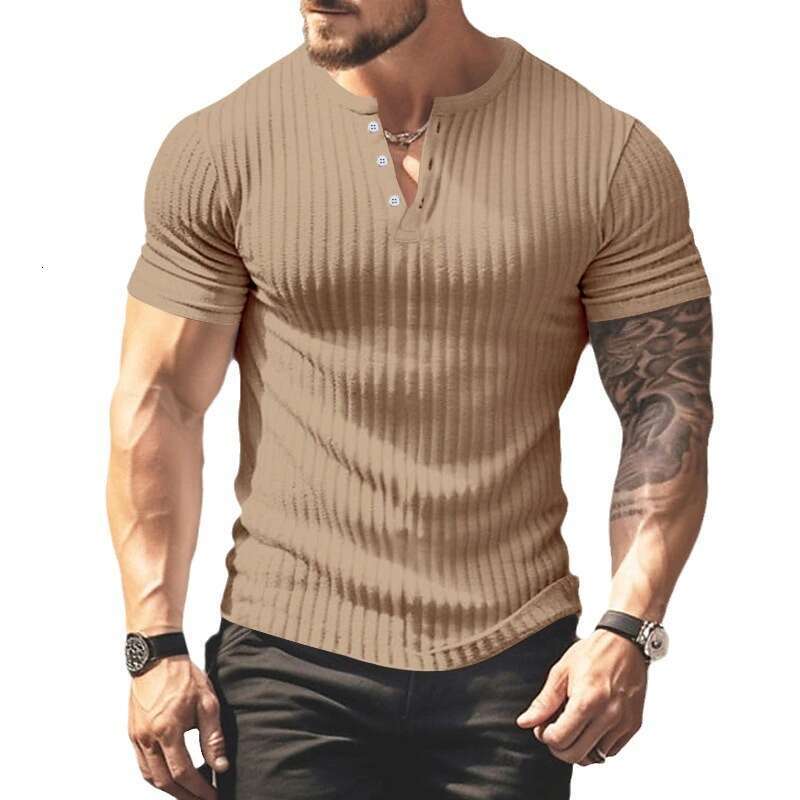 European and American Solid Color Men's New Summer Versatile Short Sleeve Foreign Trade Henley Shirt Fashion Hot Selling Cross-border Casual Knit