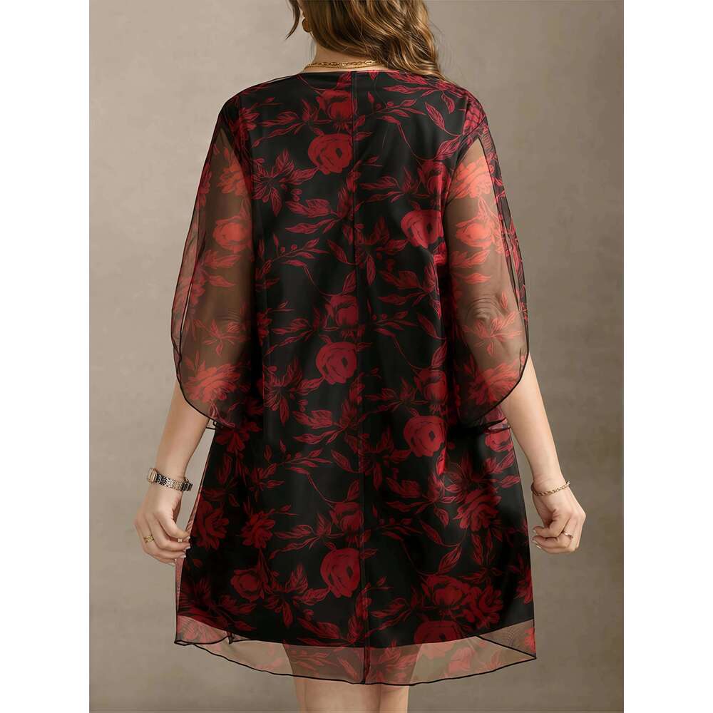 Boho Floral Print Maxi - Layered Mesh V-Neck Plus Size Women's Dress