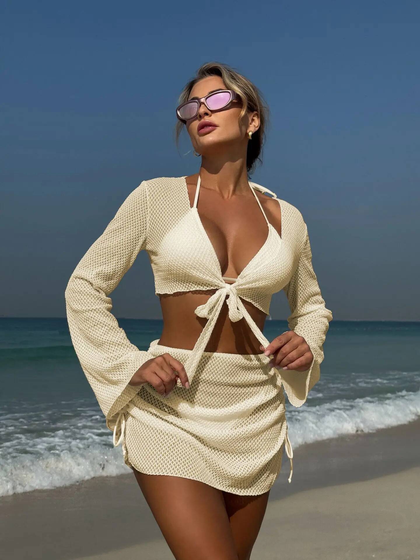 Summer Holiday 4 Piece Bikini Set 2025 Women Sexy White Long Sleeve Cover Up And Skirt Swimsuit Beach Bathing Suit Pool Swimwear