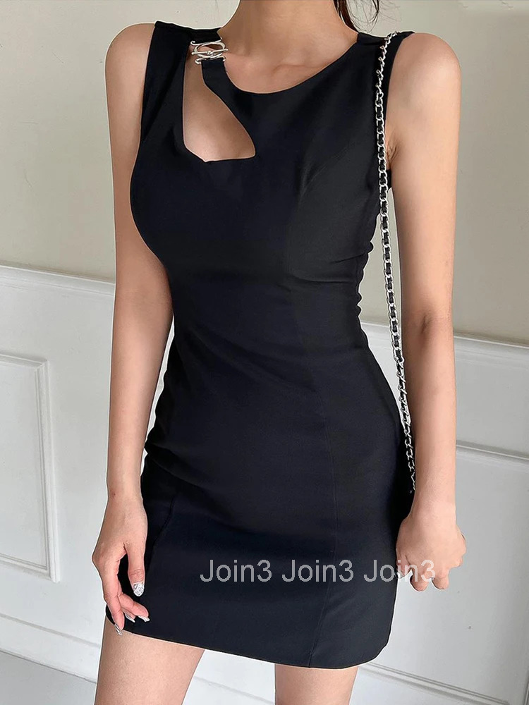 Fashion Y2K Summer Short Pencil Dress Women Clothes Elegant Pretty Chic Black Sexy Sleeveless Slim Mini Party Prom Mujer Vestido