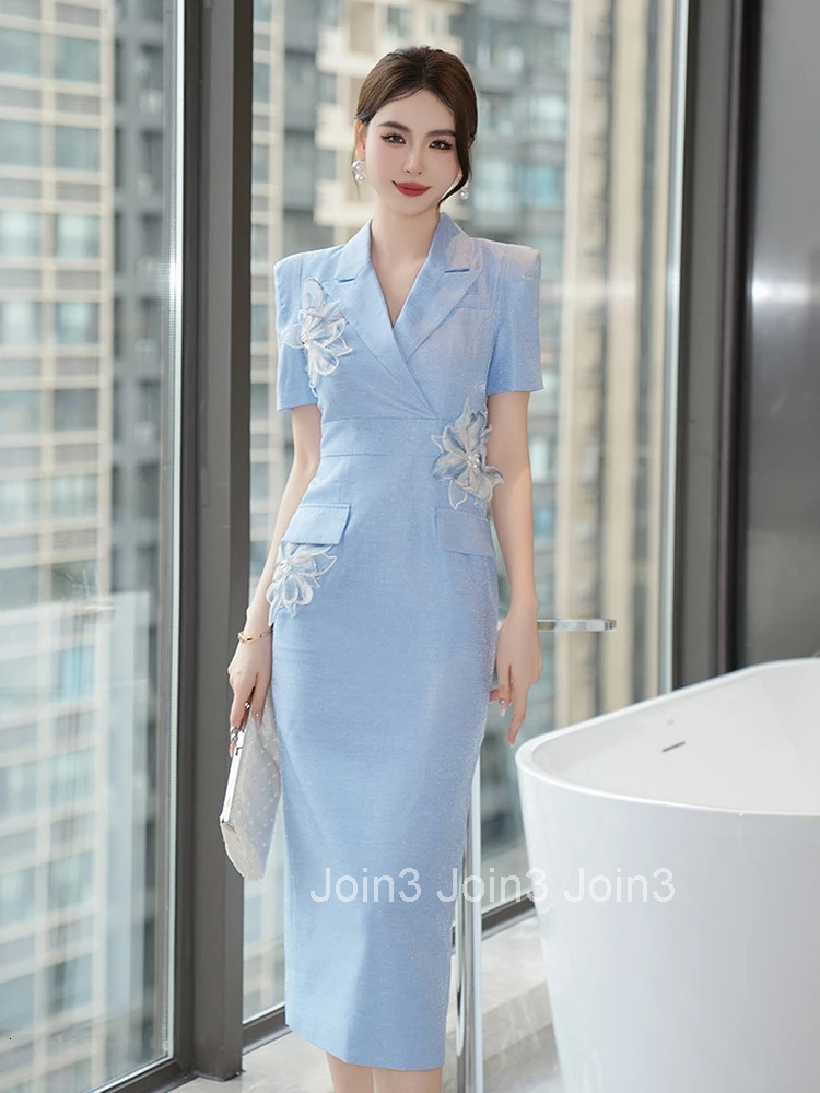 Summer Elegant Office Formal Occasion Pencil Dress Women Clothes Commute Blue Floral Short Sleeve Slim High Waist Midi Vestidos