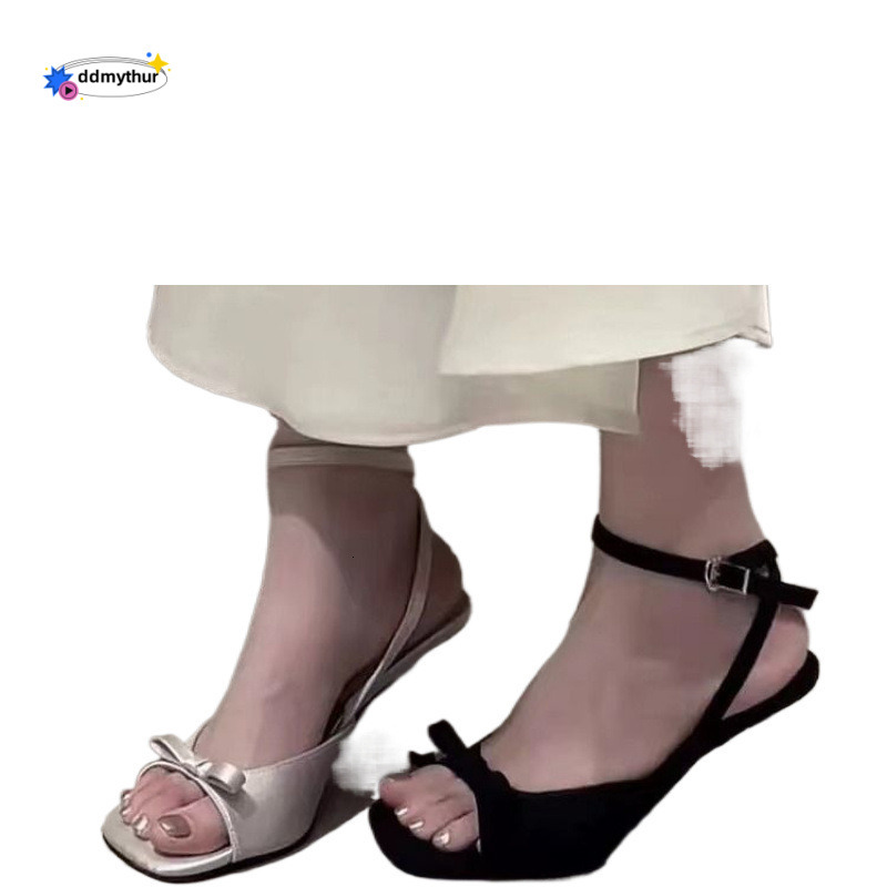 2025 New Open-Toe High Heels Women's Shoes Party Solid Color Sandals Summer French Style Elegant Bowknot ddmythur