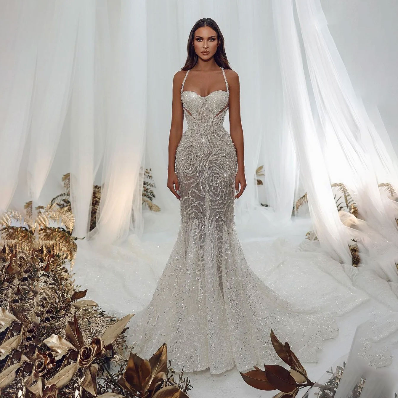 Sexy Mermaid Evening Dresses Sleeveless V Neck Spaghetti Straps Appliques Beads Floor Length 3D Lace Hollow Plus Size Customized Prom Formal Dress Gow