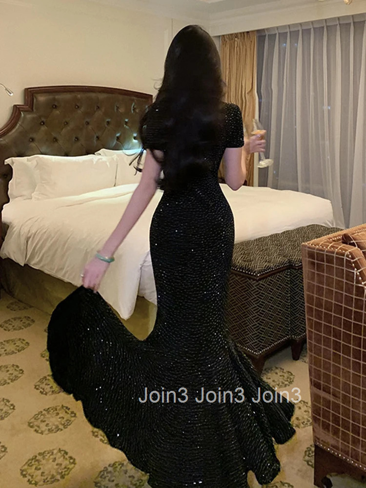 Women Clothes Black Sparkly O-Neck Short Sleeve Skinny Maxi Long Dress Elegant Luxury Fashion Party Prom Vestidos Robe Fashion