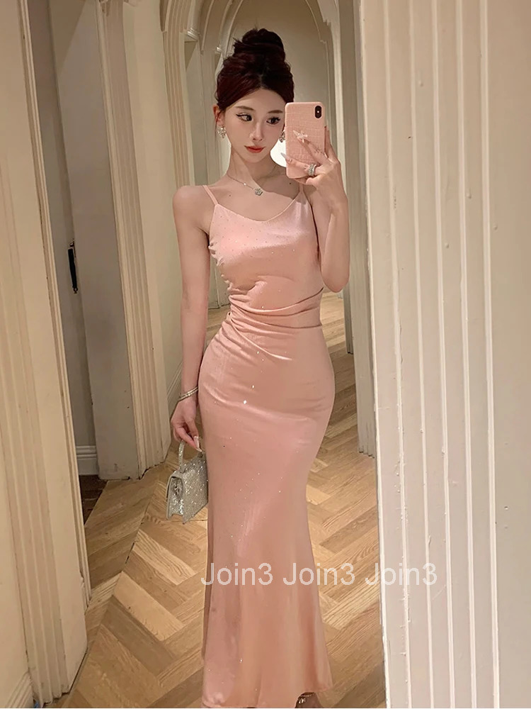 New Summer Fashion Pink Sweet Vacation Evening Fishtail Long Dress Women Clothes Sexy Strap Slim Party Prom Vestidos Robe Femme