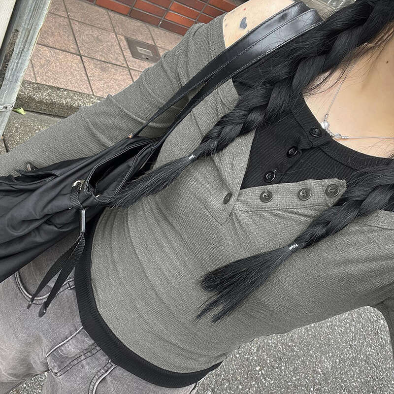 Ins Fashion Pure Sweet Style Fake Two-Piece Button Round Neck Slim Fit Solid Color Knitted T-Shirt Women's Clothing B5