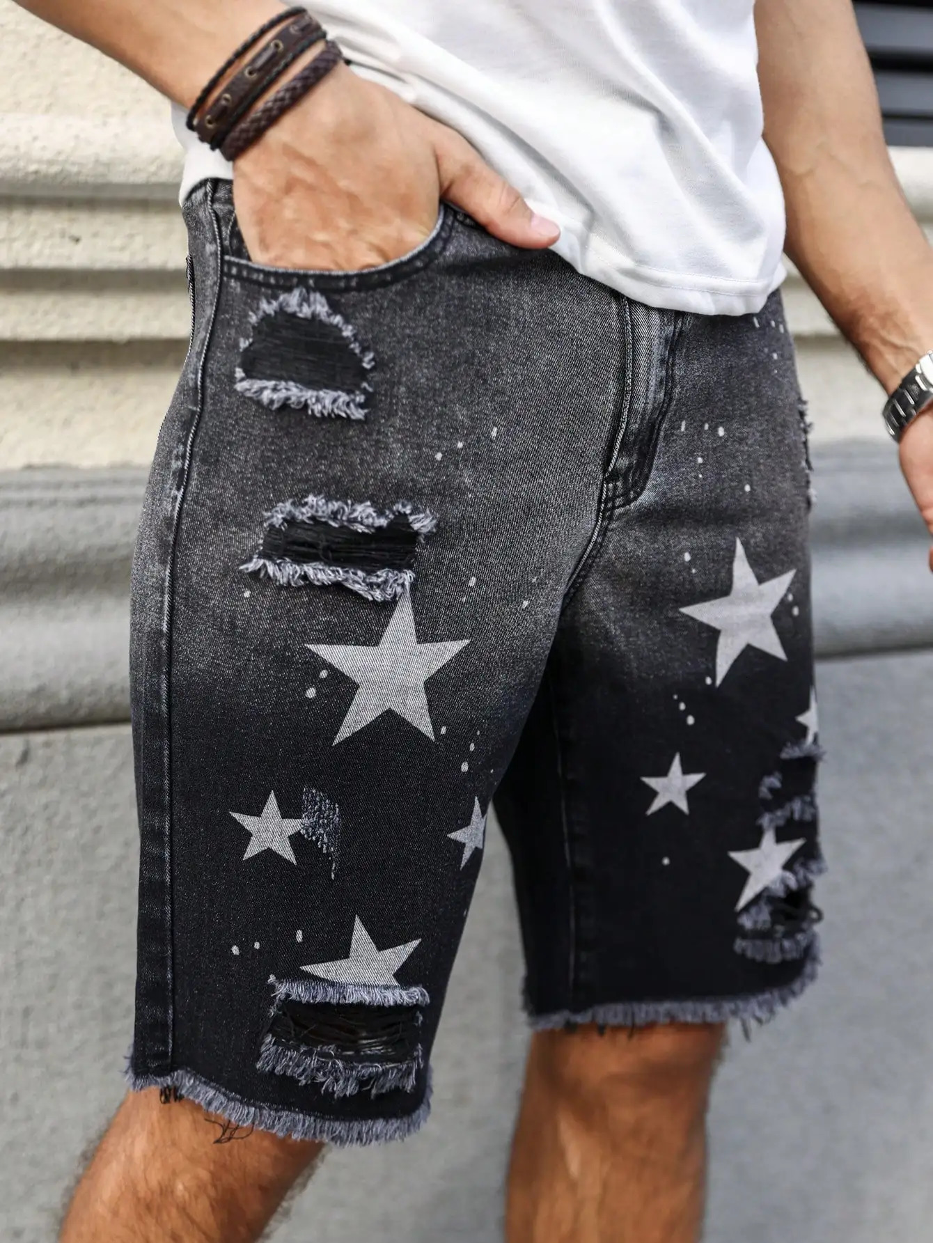 Mens summer denim printed shorts. Black - grey gradient color. Ripped details. Street - style trend. 250617