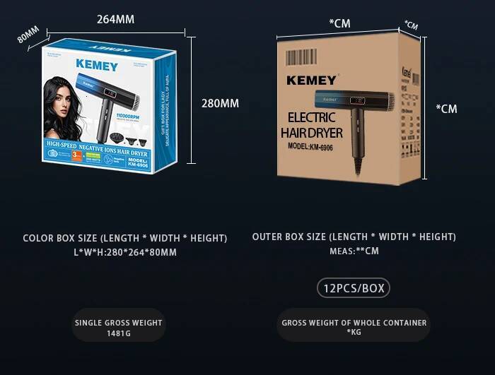 KEMEI KM-6906 OEM Factory Negative Ionic 2000w High Speed Salon Hair Blow Dryer With Diffuser Secador De Cabelo