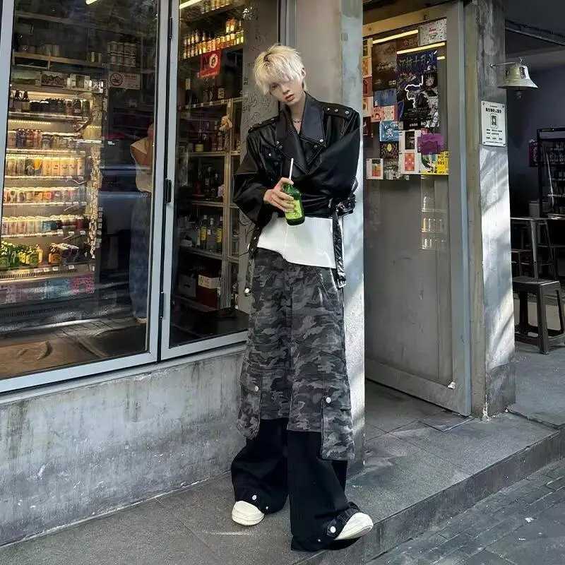 Harajuku High-end Short Pilot Stand Collar Straight Shoulder PU Leather Zipper Jacket Men Trendy Autumn Versatile Mens Clothing W250623