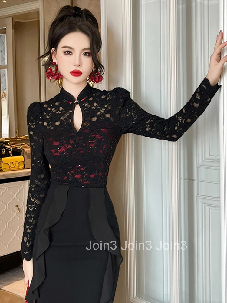 Fashion Spring Black Lace Sequin T-Shirt Women Clothing Elegant Chic Blouse Hollow Sheer Sexy Long Sleeve Female Inner-Match Top