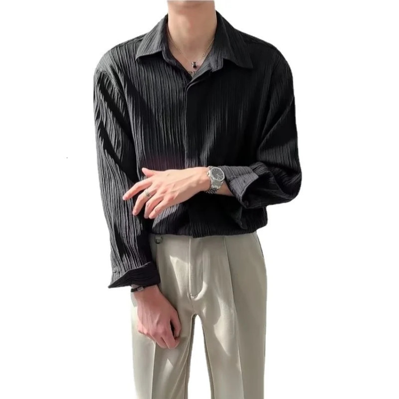 Black Apricot White Long-sleeved Shirt Men Fashion Social Mens Dress Shirt Korean Loose Casual Pleated Shirts Mens Formal Shirt 250618