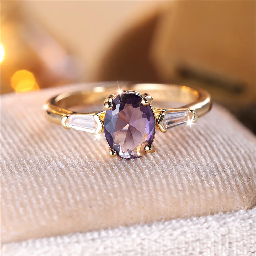 Purple Zircon Stone Male Female Fashion Crystal Engagement Ring Vintage Gold Color Wedding Jewelry For Women Men 250617