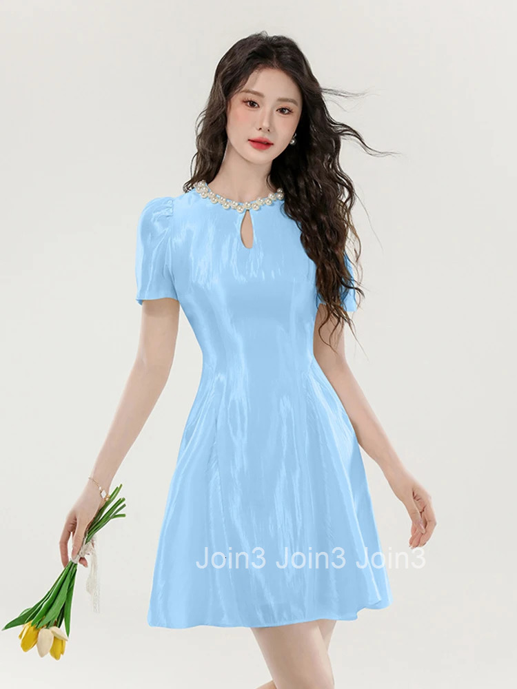 Women Clothes Sweet Solid Hollow Sexy Pearl O-Neck Slim A-Line Mini Short Dress Elegant Fashion Party Prom Vestidos Casual New