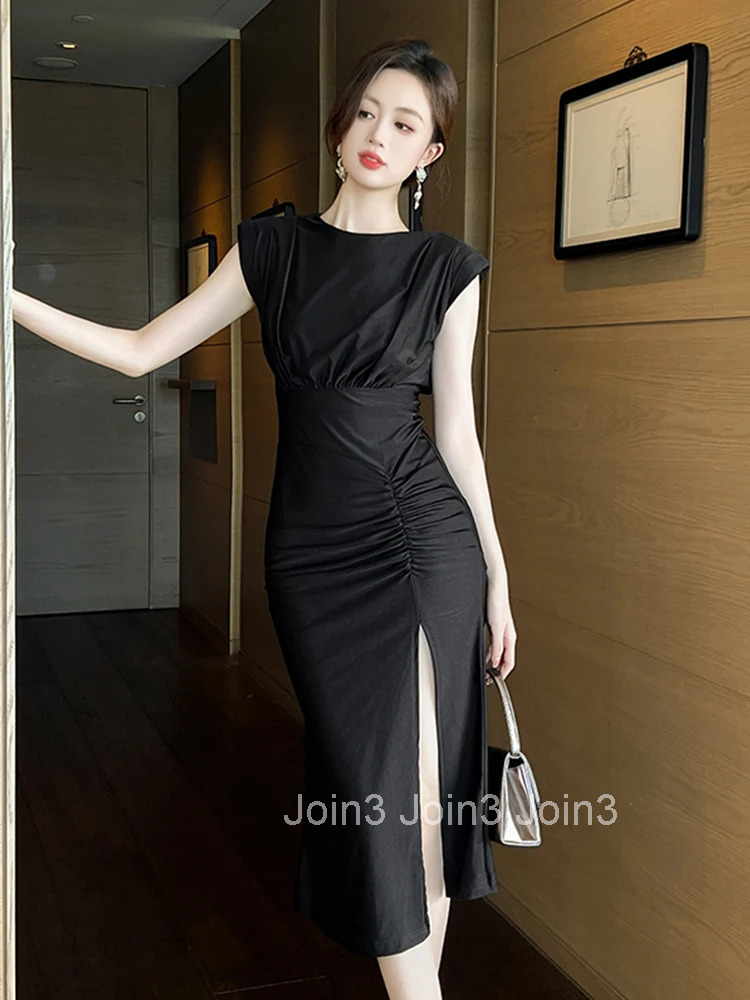 Summer Elegant Office Formal Occasion Dress Women Stretchy Clothes Black Casual Sexy Sleeveless Skinny Slit Robe Party Vestidos