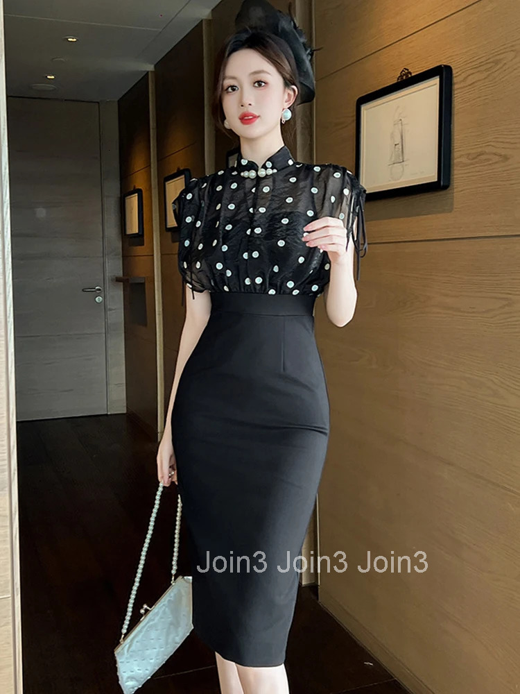Women Clothes Fake 2-Piece Vintage Black Dot Print Short Sleeve Slim Pencil Dress Elegant Commute Formal Occasion Vestido Casual