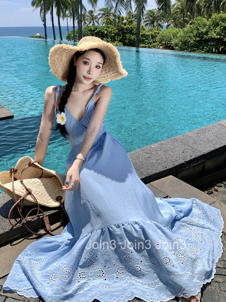 Women Vacation Clothes Blue Sweet Hollow Sexy Sling V-Neck A-Line Maxi Long Dress Elegant Fashion Party Prom Vestidos Robe Beach