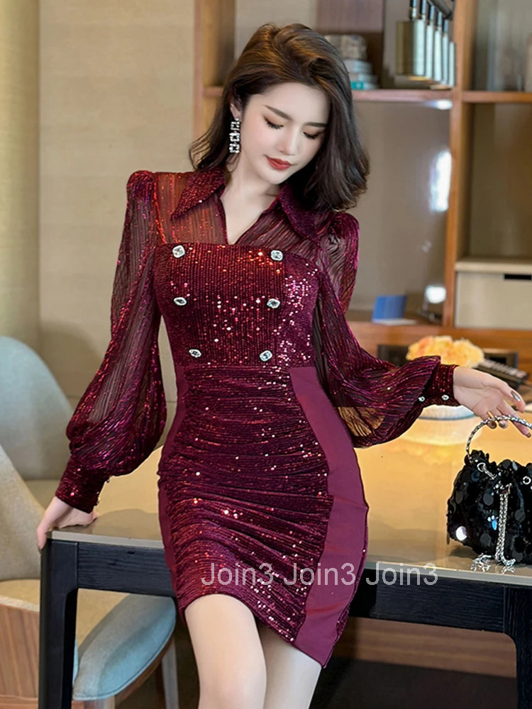 Autumn Fashion Retro Sequins Sheer Sexy Evening Dress Women Clothes Elegant Lantern Sleeve Slim Short Party Prom Vestidos Fiesta