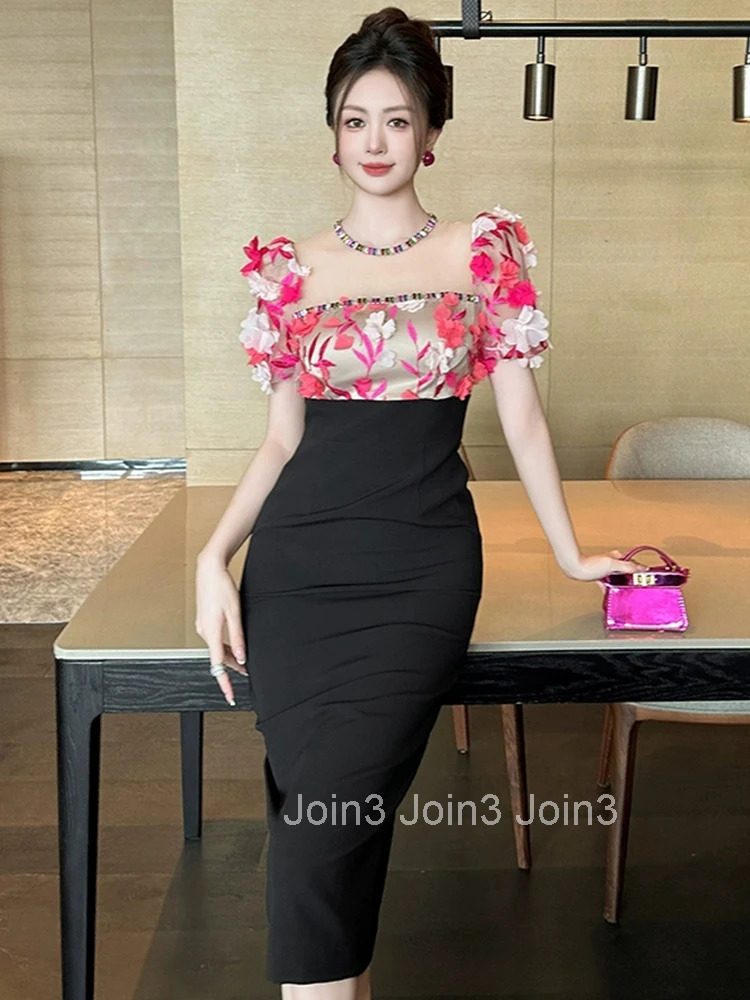 Women Clothes Sweet Floral Sexy Puff Sleeve Slim Midi Pencil Dress Elegant Luxury Fashion Evening Party Vestidos Formal Occasion