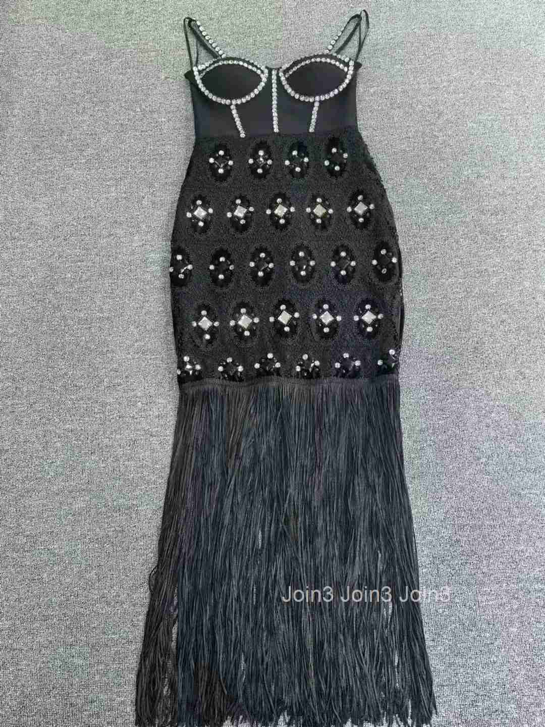 Winter Outfits Womens Fashion Luxury Diamonds Decoration Tassel Design Sleeveless Long Elegant Evening Party Gown Bandage Skirt