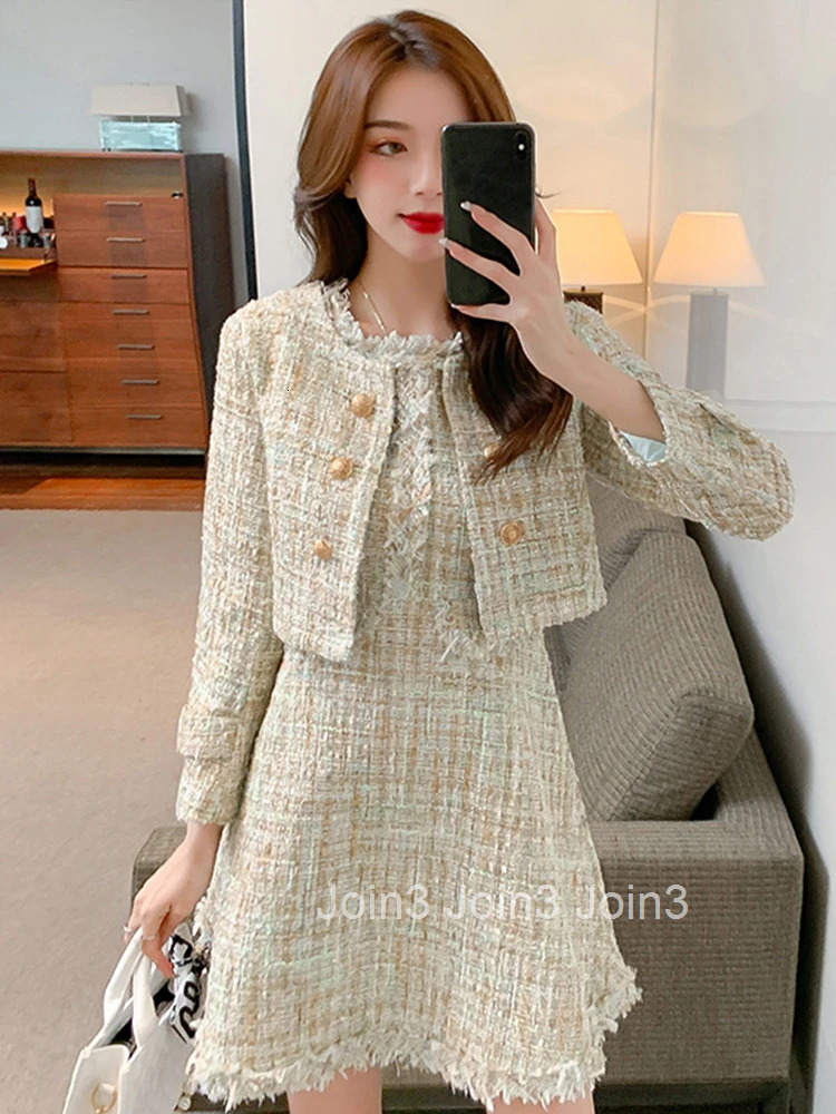 New Tweed 2 Pieces Outfits Women Ladies Vintage Short Coat Jacket Outwear And Sleeveless Slim Mini A-line Short Dress Mujer Set