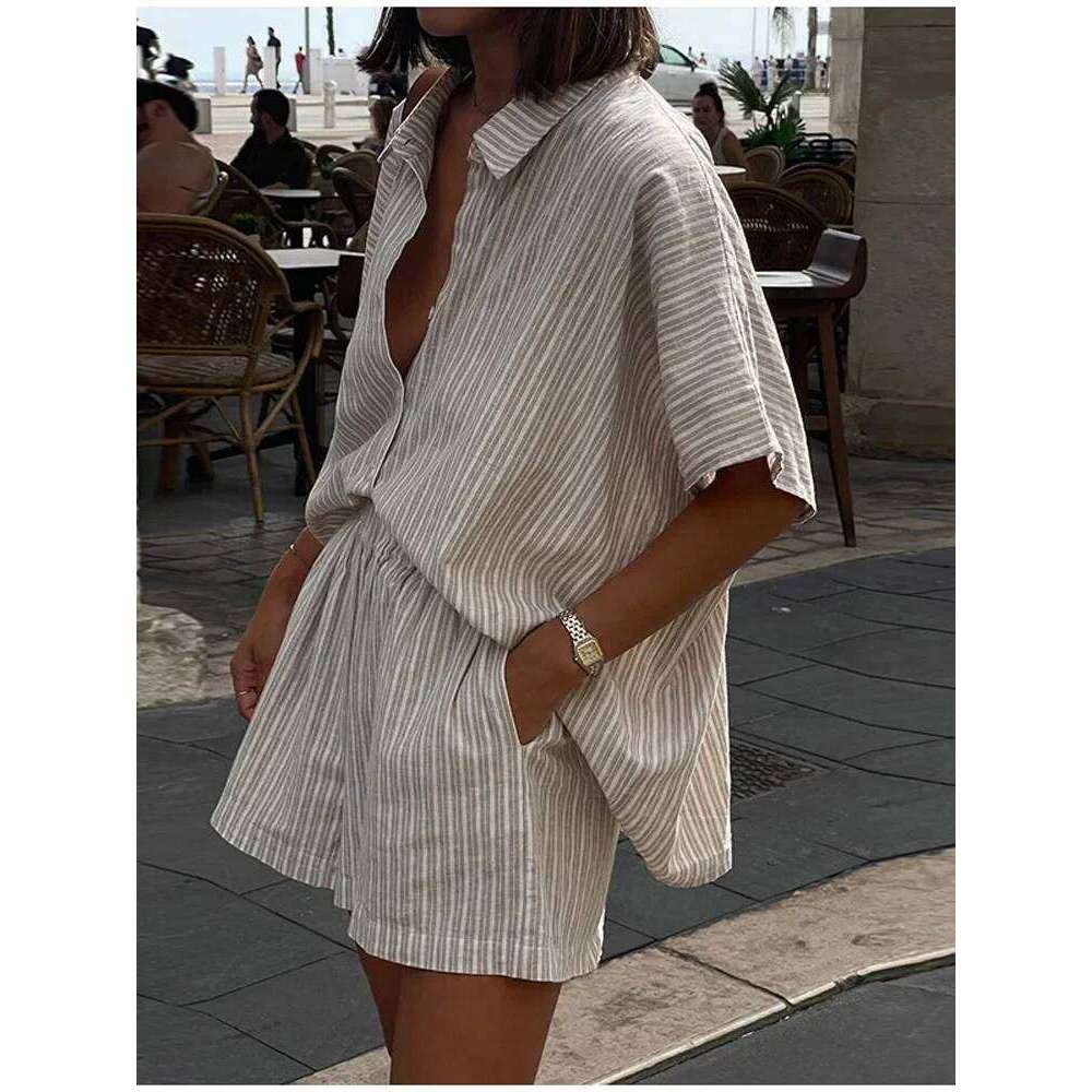 Women Fashion Stripe Print Lace-Up Shorts Set Oversized Lapel Short Sleeve Single Breasted Shirts Suit Lady Casual Street Outfit