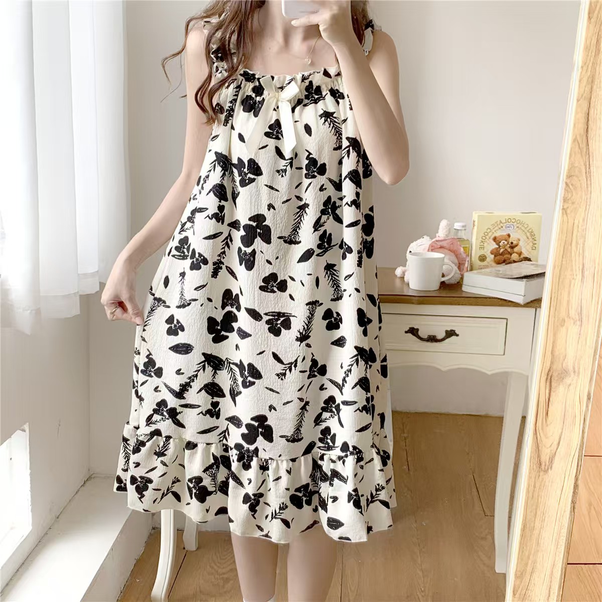 2025 women's models spring and summer sweet ins style halter mid-length loose nightgown female home dress black flower