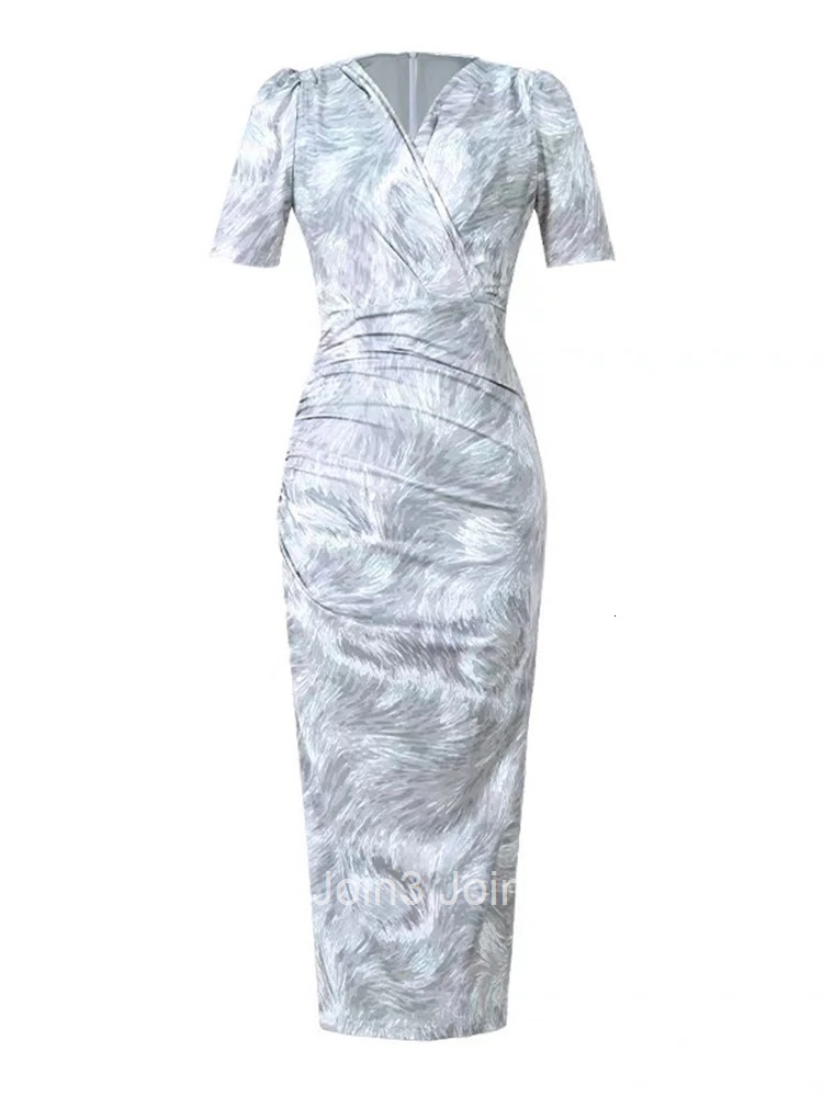 New Summer Casual Print Stretchy Skinny Dress Women Elegant Office V-Neck Short Sleeve Folds Midi Pencil Vestidos Street Clothes