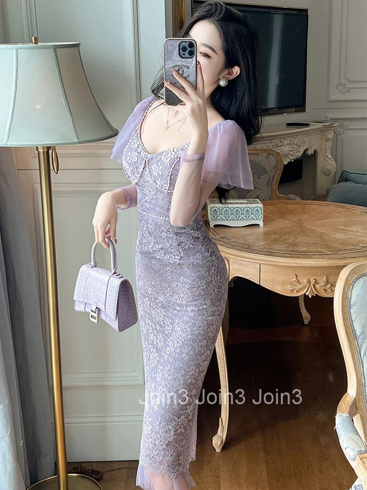 Fashion Spring Autumn Purple Lace Long Skinny Evening Dress Women Clothing Chic Sweet Slim Midi Prom Robe Mujer Ladies Vestidos