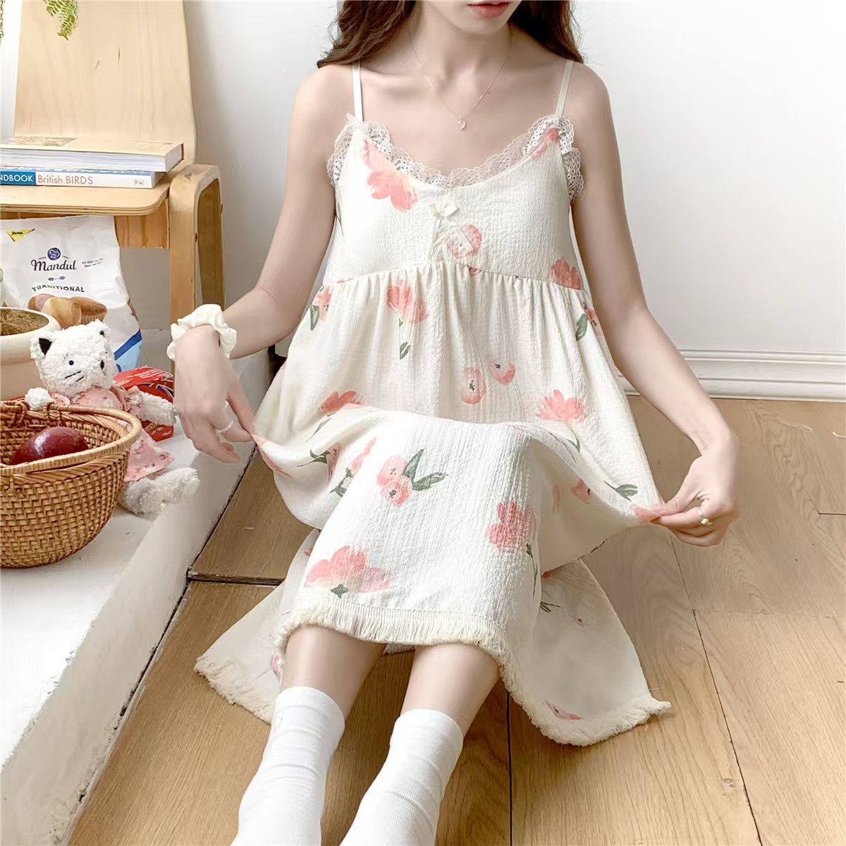 2025 women's models spring and summer sweet ins style halter mid-length loose nightgown female home dress tulips hot-sale products