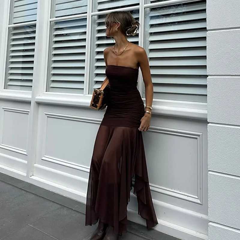 Talenza Mesh Sheath Long Dress Womens Sexy Pleated Slim Patchwork Brown Long Dress Vintage Party Evening Dresses 2025 Vestidos XJ250621