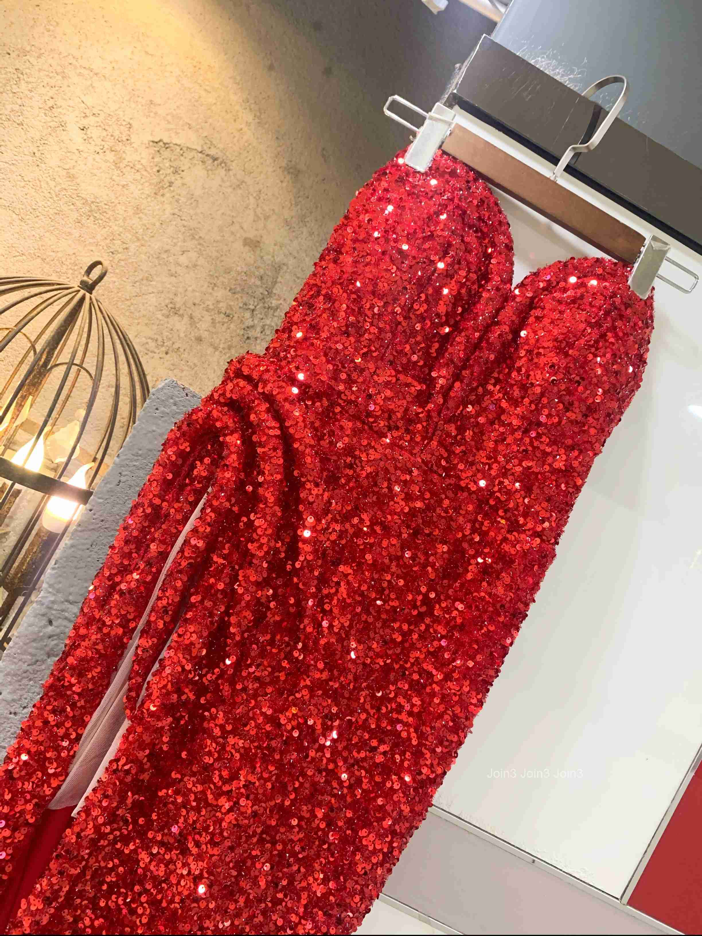 Summer Womens New Red Sequin Sexy Dress Temperament Fashion Elegant Banquet Performance Ceremony Long Fishtail Slimming Skirt