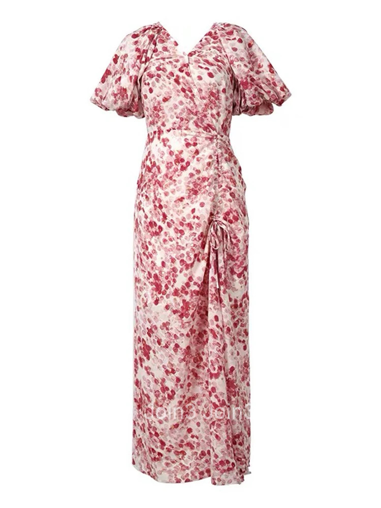 Summer Elegant Satin Floral Print A-Line Dress Women Clothes Casual Vintage Puff Sleeve Drawstring Slim Maxi Long Robe Vestidos