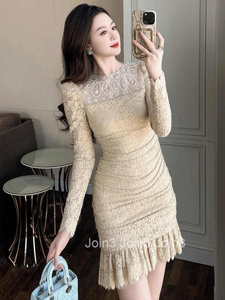 Women Clothes Sweet Lace Floral O-Neck Folds Slim Mini Short Fishtail Dress Elegant Luxury Party Prom Vestidos Autumn Winter New