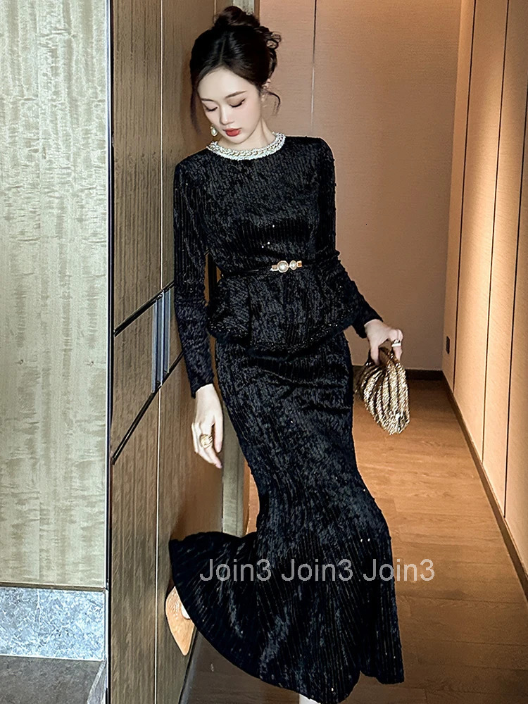 Women Clothes Fake 2-Piece Velvet Sequin O-Neck Slim Midi Fishtail Dress Elegant Party Vestidos Fashion Autumn Winter Casual New