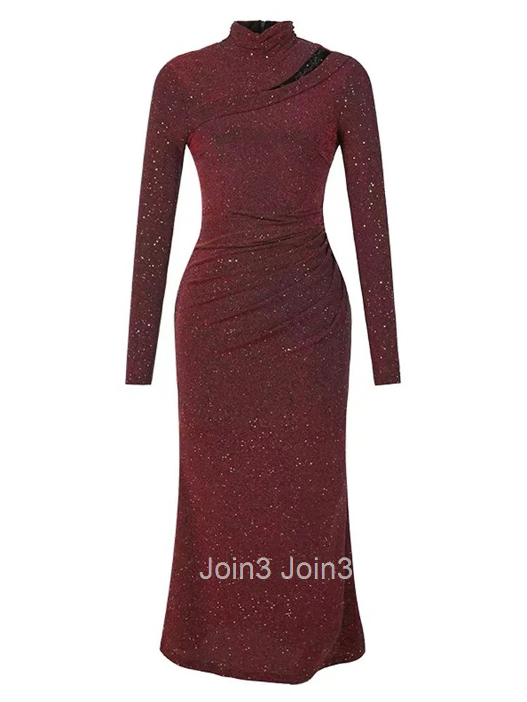 Autumn Retro Sequins Wine Red Evening Dress Women Clothes Elegant Long Sleeve Skinny Folds Long Robe Party Prom Vestido Stretchy