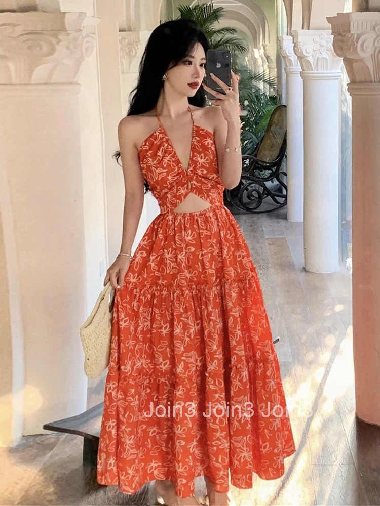 New Summer Fashion Boho Floral Print Vacation Beach Long Dress Women Clothes Elegant Sweet Sexy Backless Slim Maxi Vestidos Robe