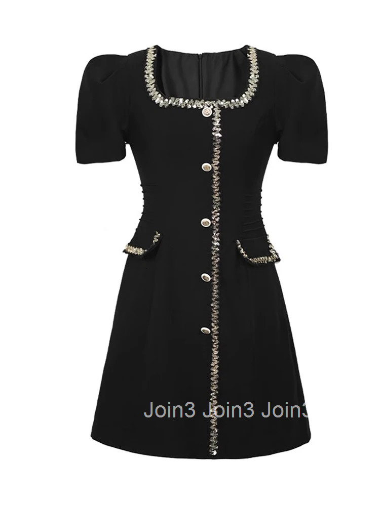 Fashion Summer Black Short A-line Dress Women Ladies Clothing Pretty Elegant Luxury Chic Square Collar Slim Mini Mujer Vestidos