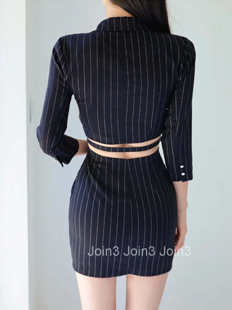 French Style Fashionable Dress Women Korean Professional Exposed Waist Stripes Hollow Belt Mini Gown Femme Office Lady Vesitdos