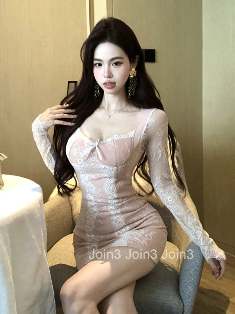 Hotsweet Cute Prom Dress Women French Sheer Perspective Lace Patchwork Bow Wrap Hip Skinny Short Gown Lady Date Party Vestidos