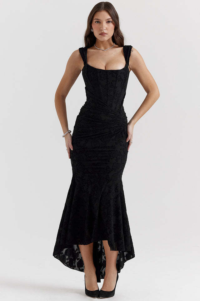 H623Elegant Feminine Apparel Collection: Contemporary Solid Colored Herringbone Fabric Long Gown for Modern Ladies
