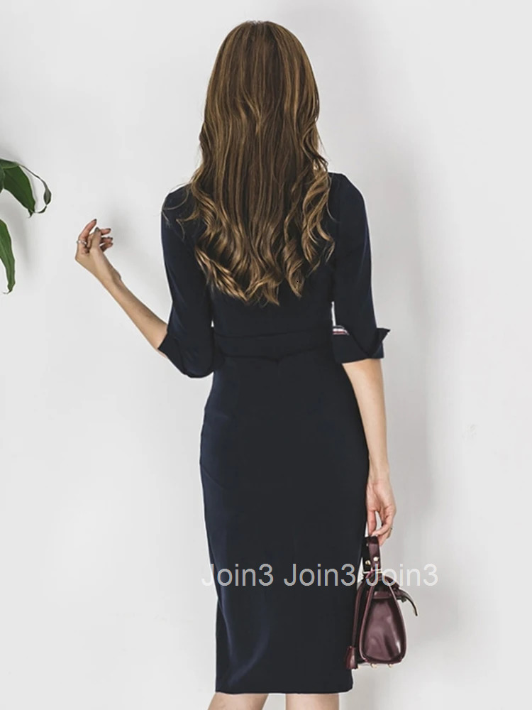 Korean Elegant Women Dress Temperament Formal Vintage Notched Neck Belt Slim Slit Mini Party Club Commute Femme Mujer Vestidos