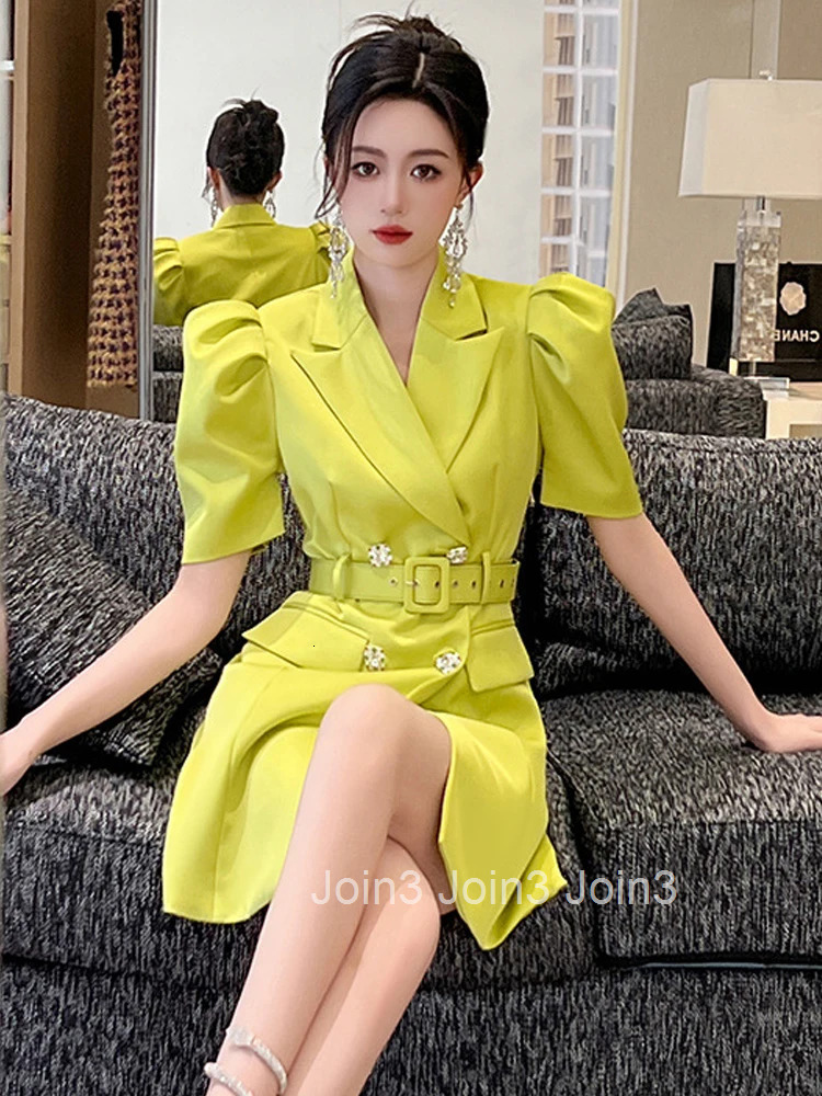New Summer Luxury Elegant Women Evening Short Dress Blazer Commute Formal Satin Puff Sleeve Belt Slim Mini Party Mujer Vestidos