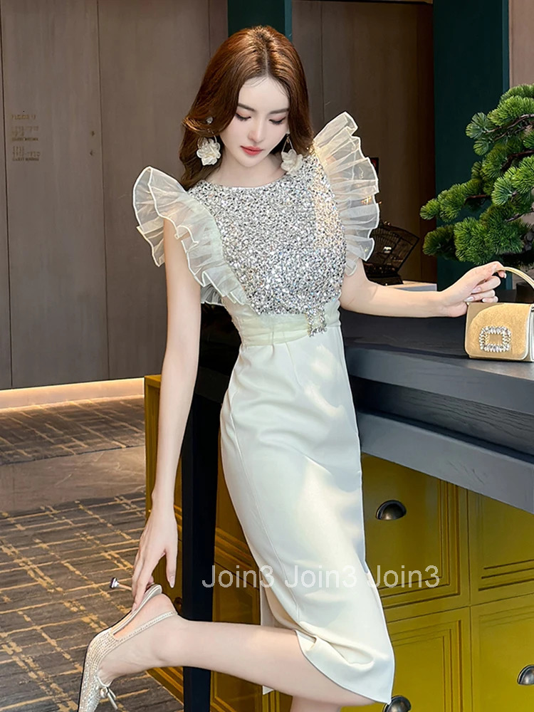 Summer Fashion Elegant Luxury Sparkly Sequin Evening Dress Women Clothes Flying Sleeve Slim High Waist Midi Party Prom Vestidos