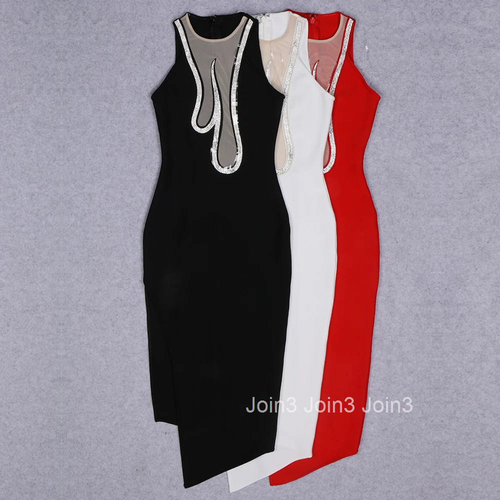 Womens Black O-Neck Pullover Dress Crystals Embellished Mesh Splicing Design Bodycon Bandage Long Celebrity Party Dress