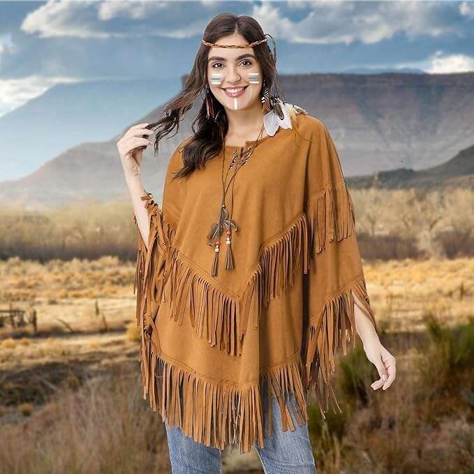 Carnival Hippie Halloween Indigenous Indian Suede Vest Top Tassel Shawl Cape B5