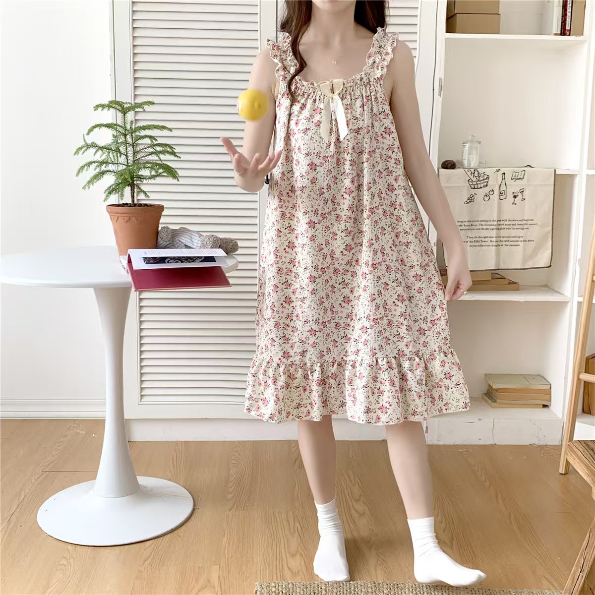 2025 women's models spring and summer sweet ins style halter mid-length loose nightgown female home dress red crocus flower