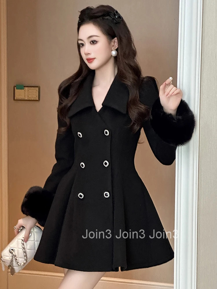Women Clothes Black Woolen With Jacket Double-Breasted Elegant Hairy Long Sleeve Slim A-Line Coat Outerwear Autumn Winter Casual