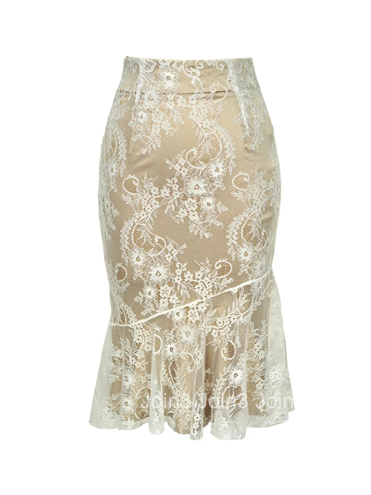 Fashion Spring Autumn Women Slim Skirt Elegant Office Lace Solid Wrap Hip High Waist Midi Fishtail Club Street Clothes Outfits