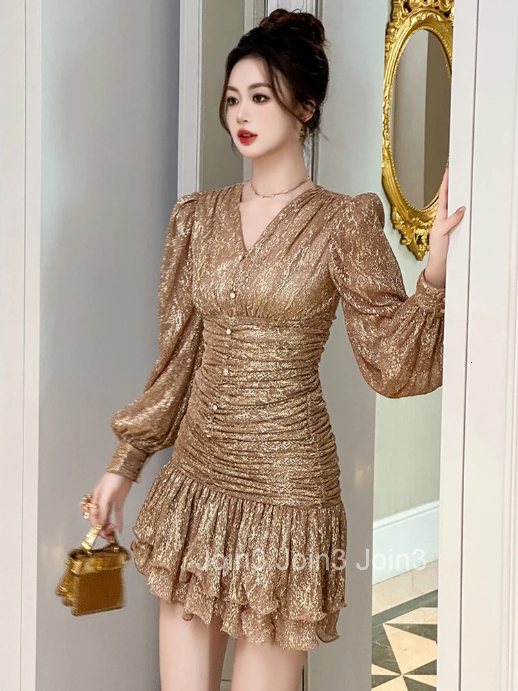 Women Clothes Fashion Sparkly Gold Bright Silk V-Neck Skinny Mermaid Short Dress Elegant Ladies Vintage Party Prom Vestido New